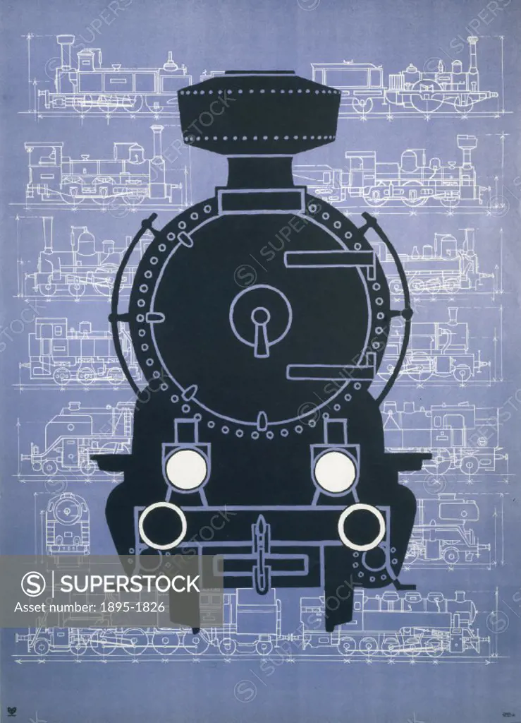 (Unidentified) poster. Front of locomotive in black against blue background of locomotive diagrams.