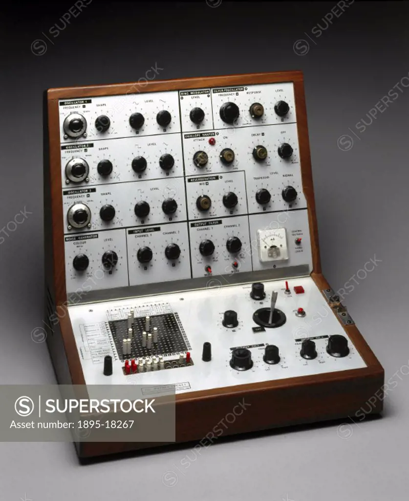 Analogue music synthesizer, 1970. Electronic Music Studios VCS 3 analogue electronic synthesizer. The circuit of an analogue synthesizer produced simp...