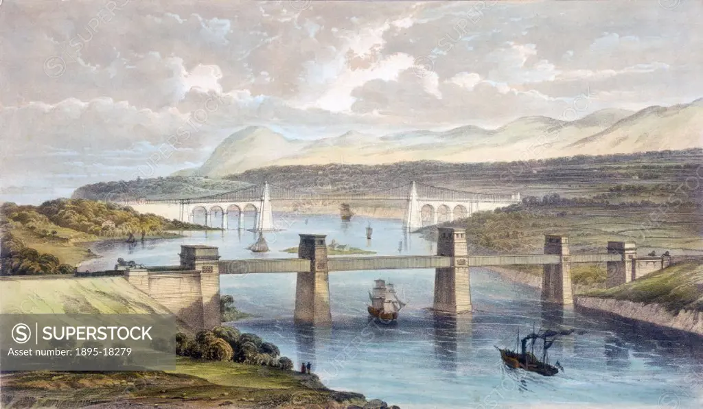 Coloured lithograph showing the Britannia Tubular Bridge with the Menai Suspension Bridge, a road bridge of 1826, in the background. The Britannia Tub...