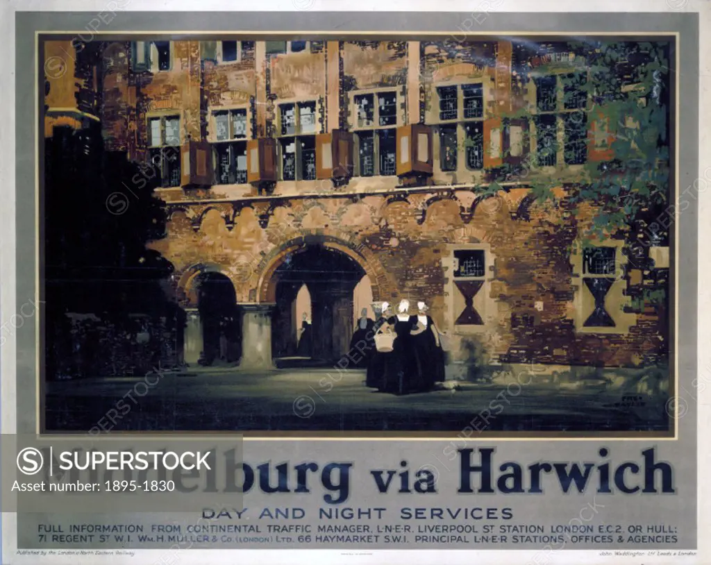Poster produced by London & North Eastern Railway (LNER) to promote rail and sea services to Middelburg in The Netherlands via Harwich. Artwork by Fre...