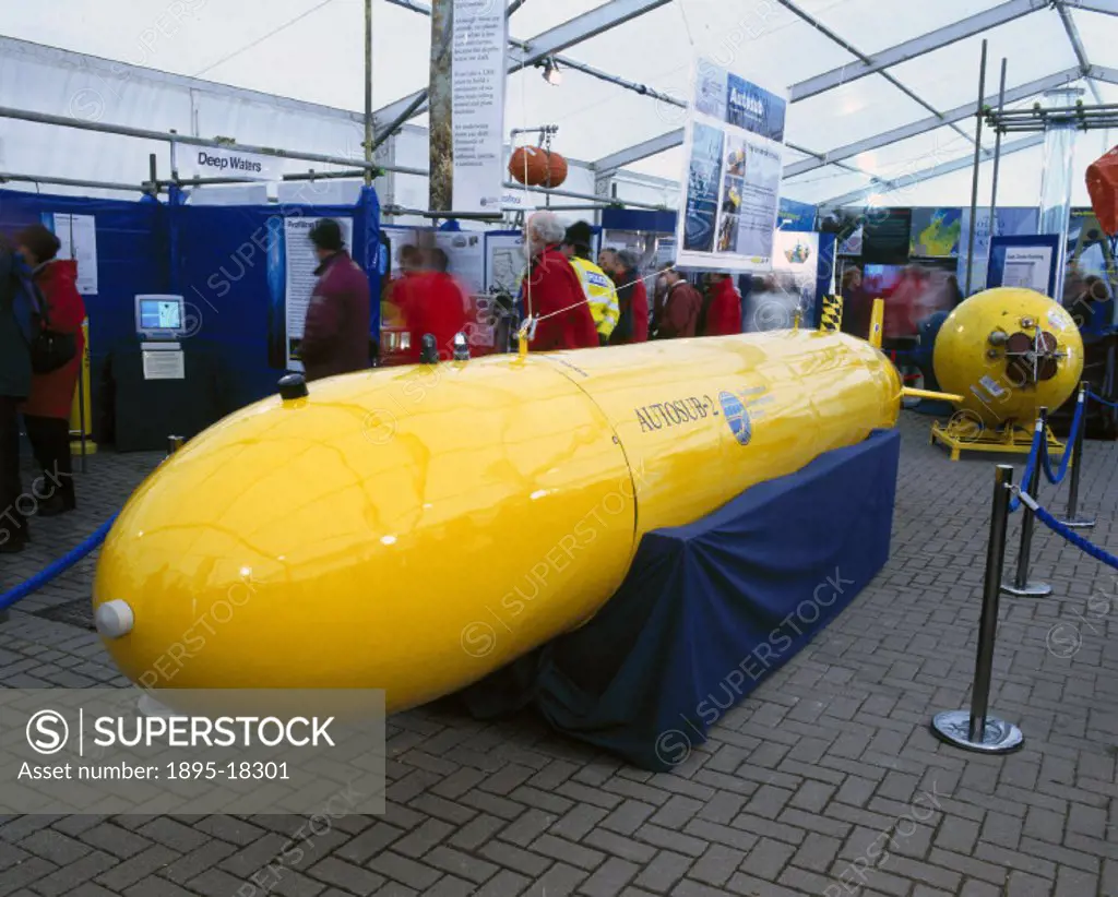 Autosub prototype photographed at Southampton Oceanography Centre (SOC) in April 2000. This vehicle is properly known as an autonomous underwater vehi...