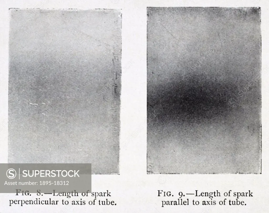 Photographic plates entitled Length of spark perpendicular to axis of tube’ (left) and Length of spark parallel to axis of tube’ (right) taken from ...