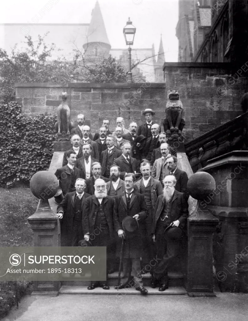 William Henry Perkin (1838-1907) English chemist, shown here at the far left of the front row, is especially noted for preparing the first synthetic d...