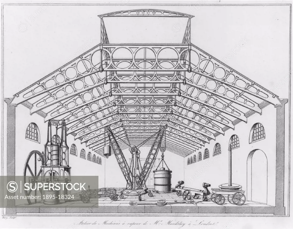 Plate from ´Review of Industrial Exposition´, published in 1834. Henry Maudslay (1771-1831) was an English precision toolmaker and engineer, and the i...