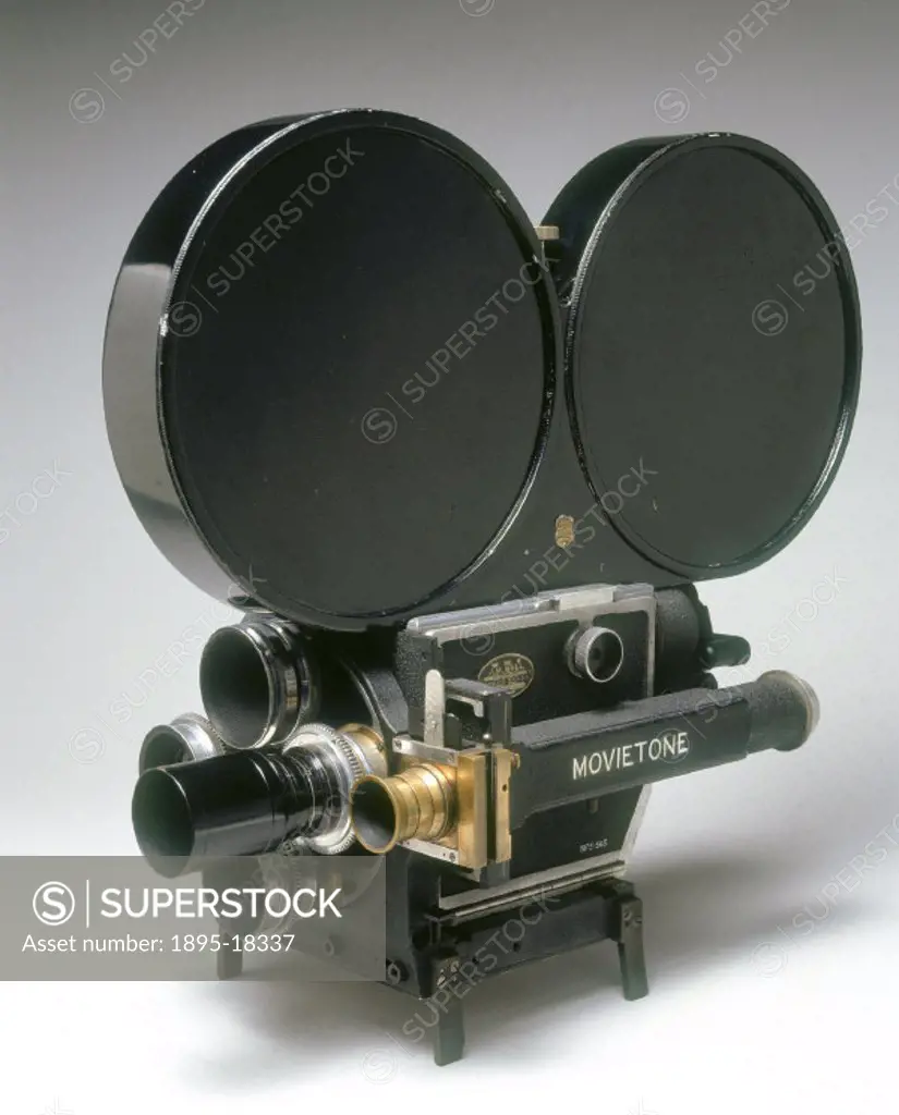 Cine camera made by Wall. This camera was used extensively by newsreel cameramen because it could record optical sound at the same time as it recorded...
