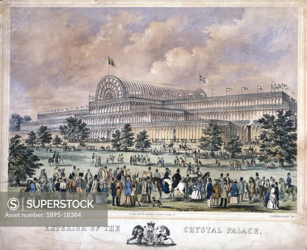 Coloured lithograph by Augustus Butler after his original drawing, showing the Crystal Palace from Kensington Gardens. The Crystal Palace was built to...