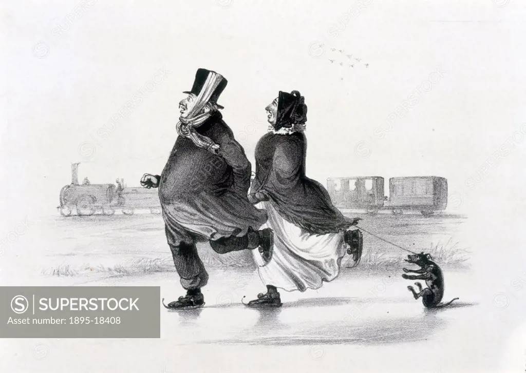 Comic lithograph published in the Netherlands in the mid 19th century. The couple are shown skating, dragging their dog on a lead behind them, while b...