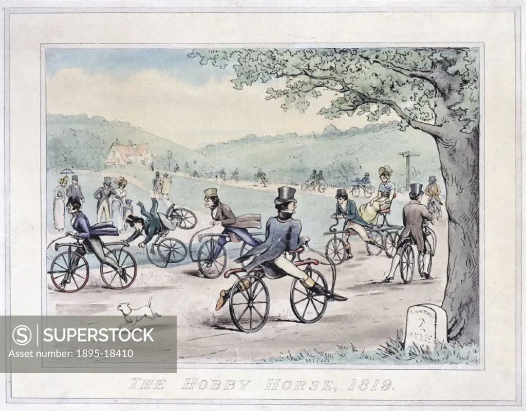Hand coloured engraving showing fashionably dressed gentlemen riding the newly invented ´hobby horse´. The forerunner of the bicycle, the hobby´ or ´...