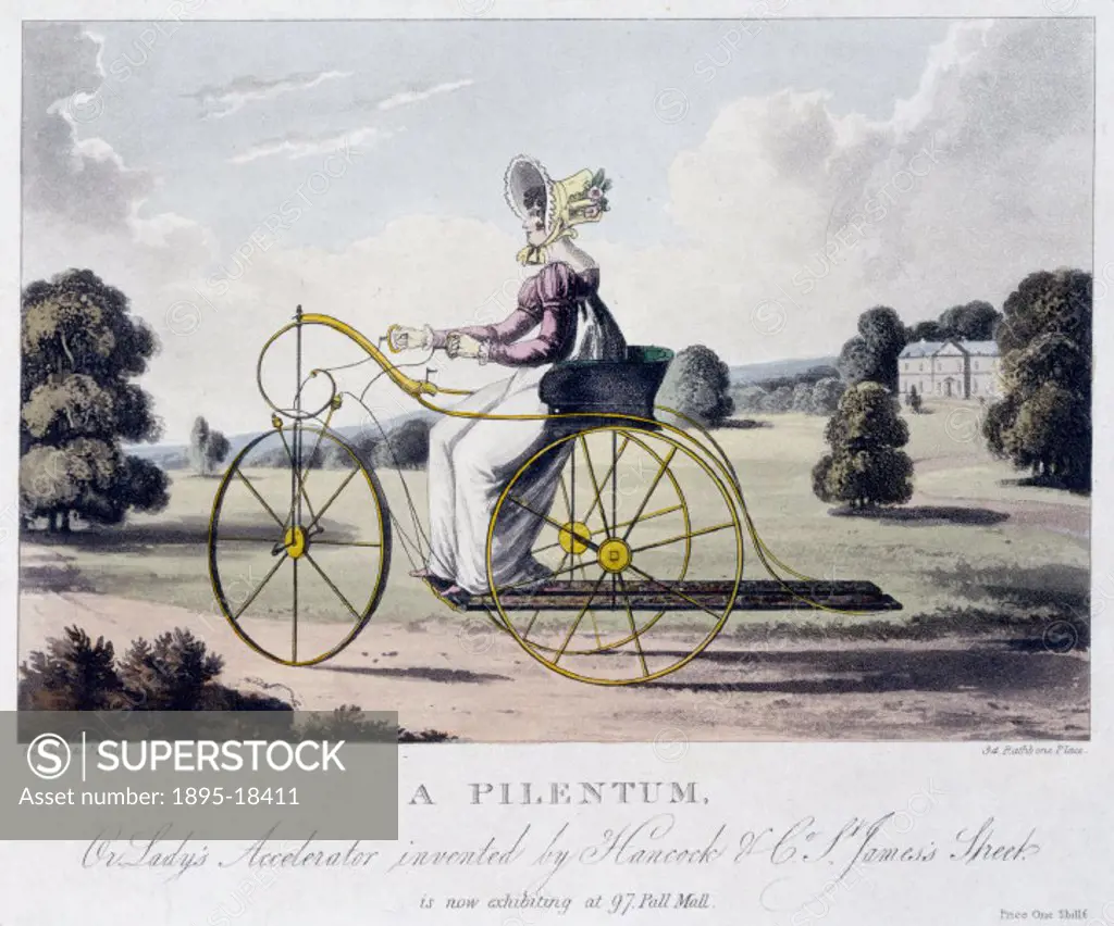 ´A promotional aquatint published by S & J Fuller, showing a fashionably dressed woman riding an early type of tricycle, described as a Lady’s Accele...