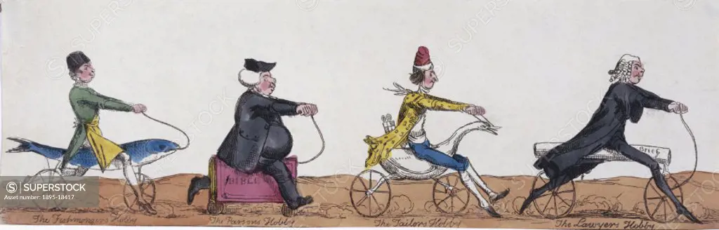 Hand-coloured caricature showing a group of men on hobby horses of designs reflecting their professions. The fishmonger rides a fish, the parson a Bib...