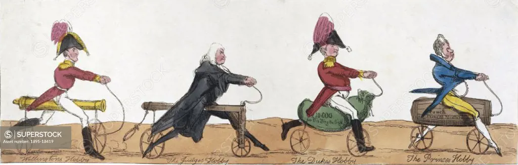 Hand-coloured caricature: men on hobby horses of designs reflecting their professions. The Duke of Wellington rides a cannon, the Judge a gibbet, anot...