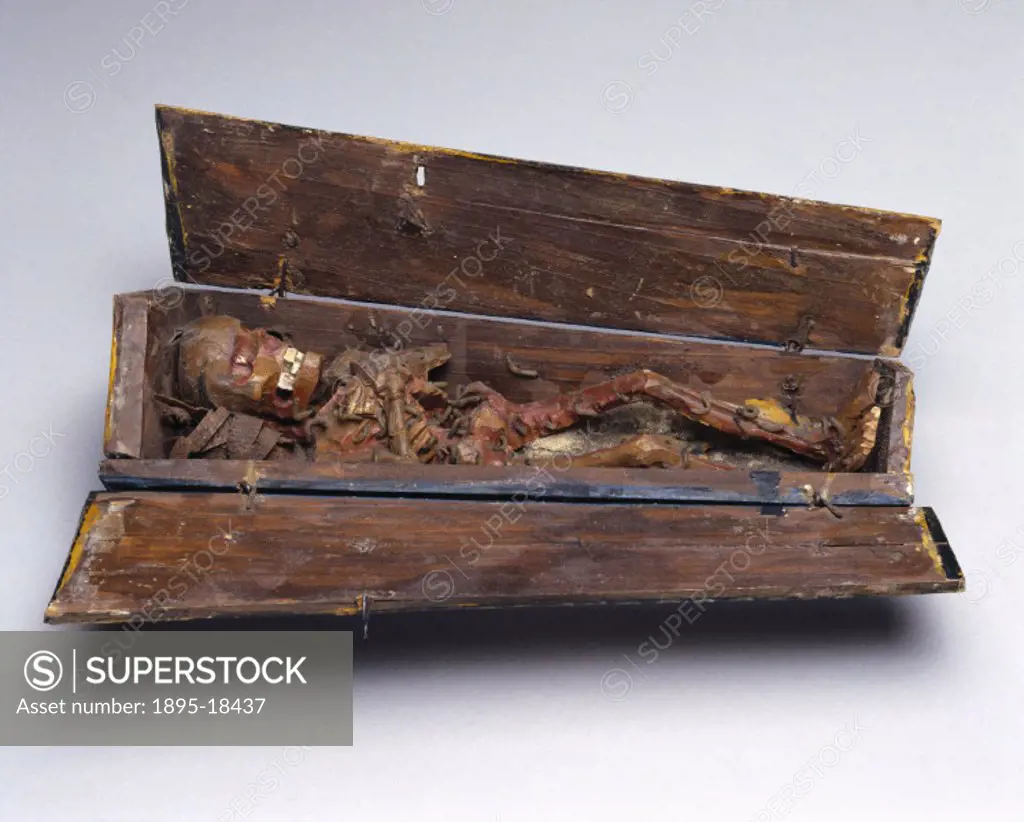 Wooden model of a stylised decomposing corpse, covered in maggots, in a wooden coffin. The coffin can be opened to reveal the corpse, as seen here.