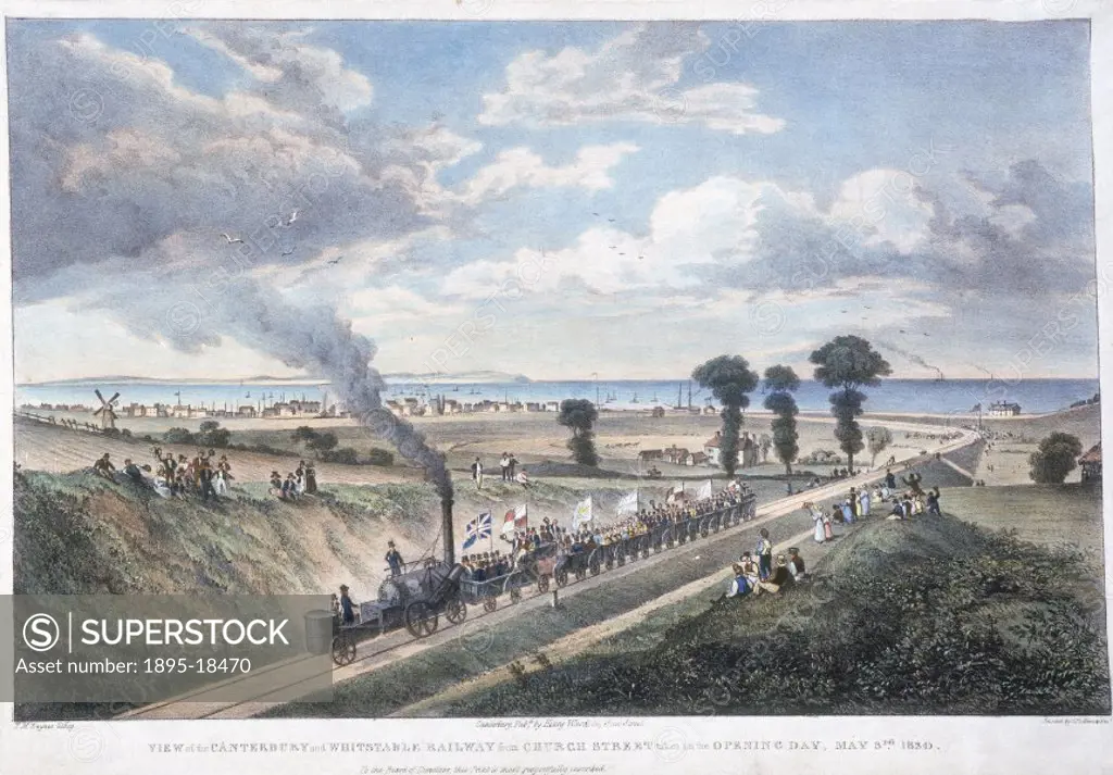Coloured lithograph drawn by T M Baynes (1794-1854), of the view from Church Street with Whitstable in the distance, showing the steam locomotive ´Inv...