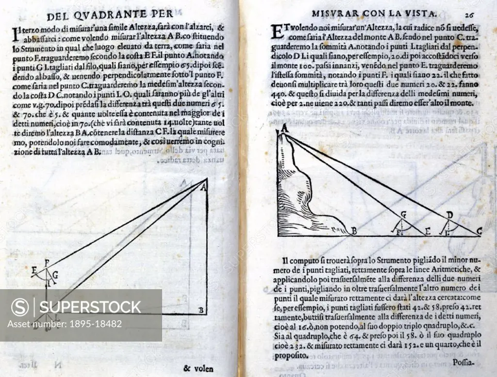Two illustrated plates taken from ´The Workings of the Military and Geometric Compass´ (1606) by Galileo Galilei (1564-1642). Galileos treatise on th...