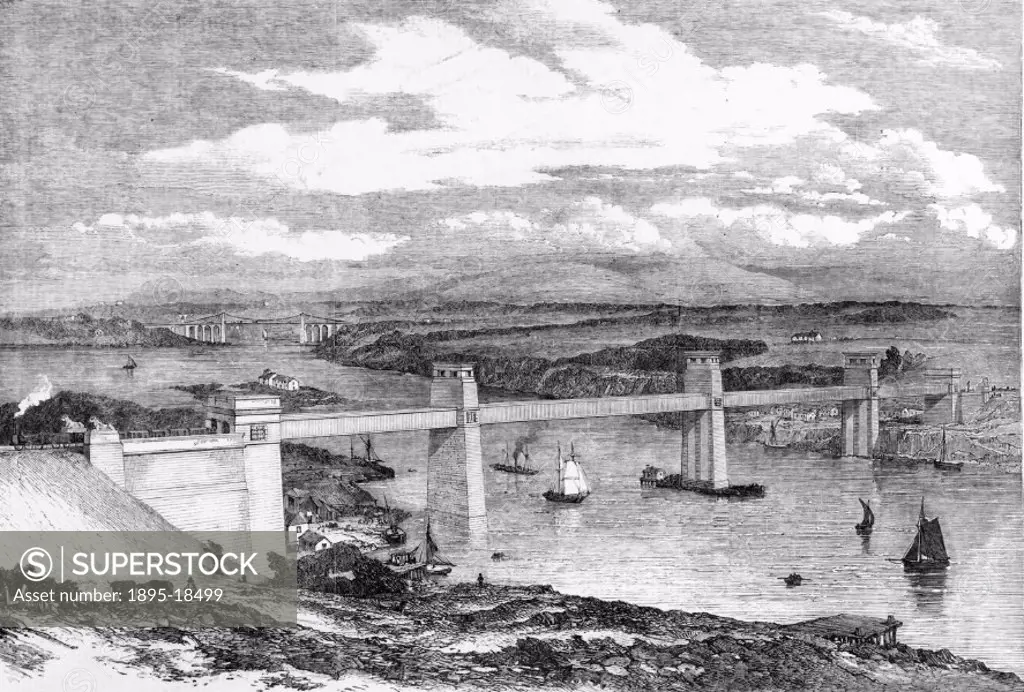 Plate taken from the ´Illustrated London News´ (Vol 50/1 p 192). The Britannia Tubular Bridge spans the Menai Straits, connecting Anglesey to Wales. T...