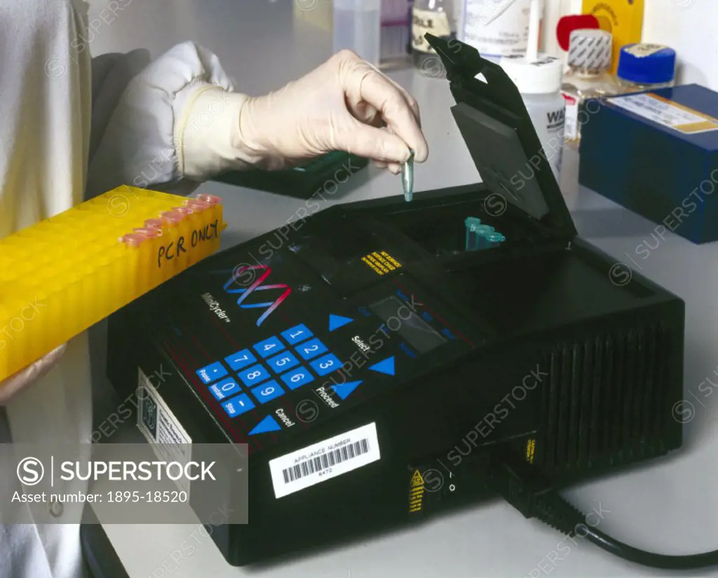 Molecular geneticist loading a thermal cycler, Institute of Child Health, London, May 2000. Polymerase chain reactions (PCRs) are used to extract DNA ...