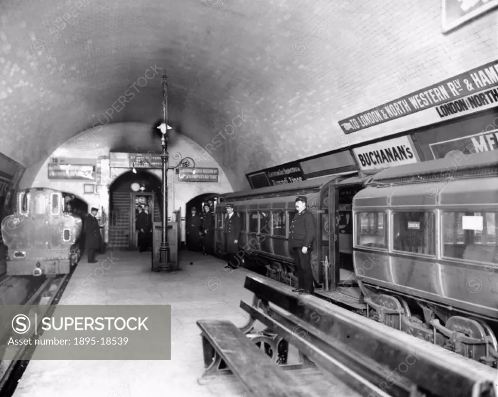 City & South London electric tube trains at Euston underground station, c 1908.