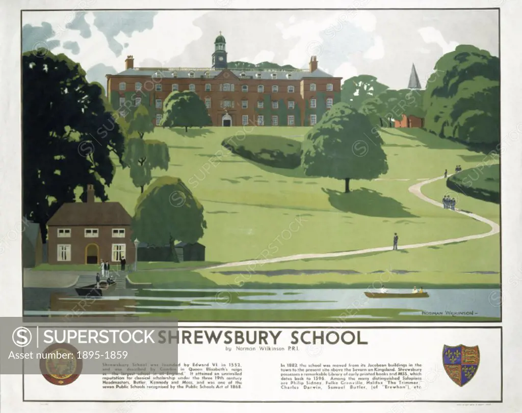 Poster produced for the London, Midland & Scottish Railway (LMS), showing a view of Shrewsbury School in Shropshire, with the River Severn in the fore...