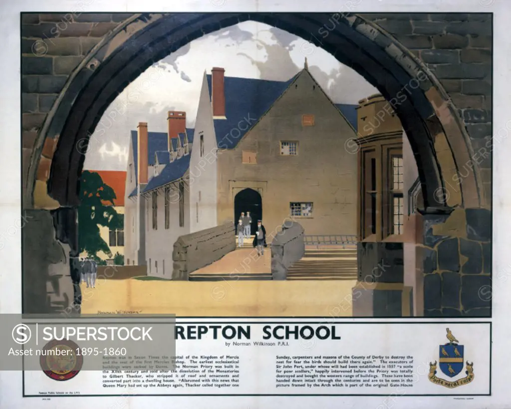 Repton School´, LMS poster, 1938. Poster produced for the London Midland & Scottish Railway (LMS), showing a view of Repton School in Derbyshire, seen...