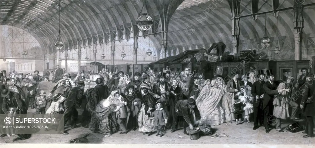 Engraving by Francis Holl after an original painting executed by William Powell Frith RA (1819-1909) in 1862. Passengers are shown on a crowded statio...