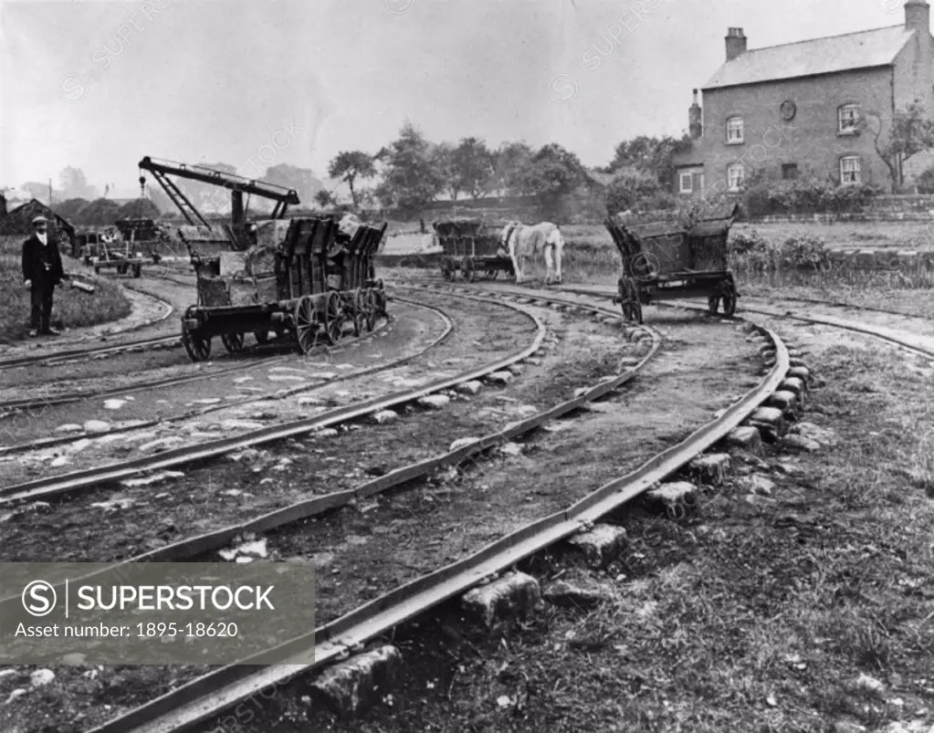 Iron plate rails laid on stone sleeper blocks on the Little Eaton Gangway, which ran from Little Eaton on the Derby canal to collieries at Derby from ...