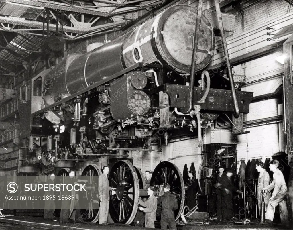 London, Midland & Scottish Railway´s wheeling class 5, 4-6-0 steam locomotive being assembled.