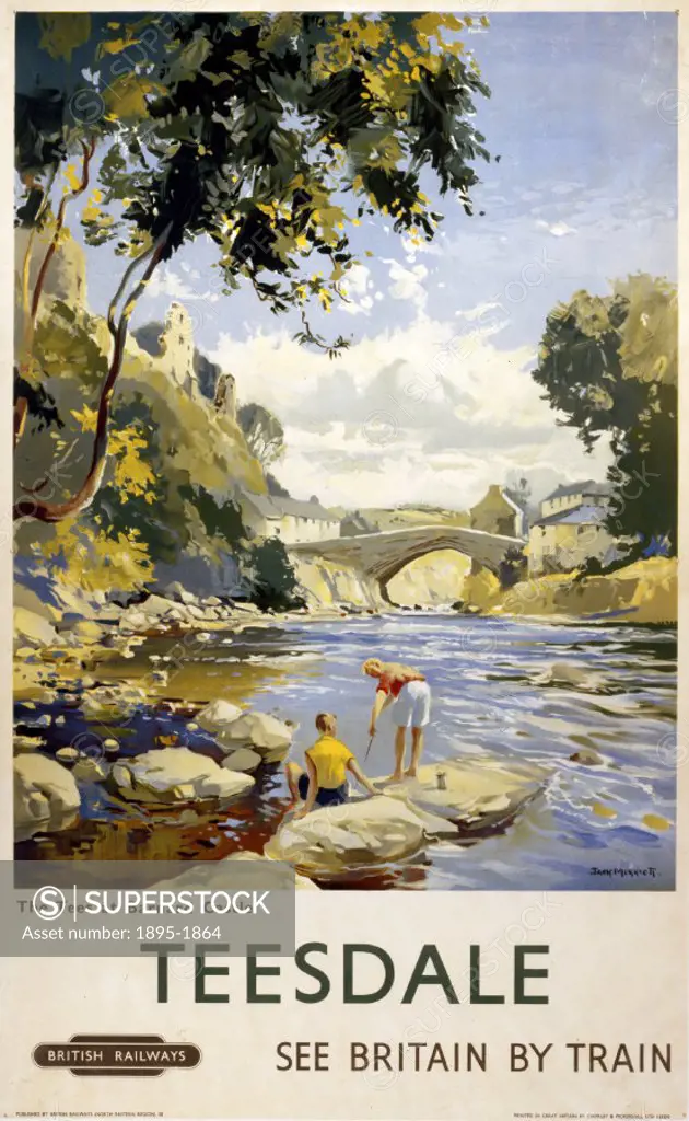 Poster produced for British Railways North Eastern Region showing the river Tees at Barnard Castle in County Durham. The artist is Jack Merriott.