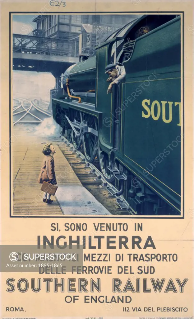 SR poster. Si, Sono Venuto in Inghiterra coi magnifici mezzi di trasporto delle Ferrovie del Sud - Southern Railway of England, 1936