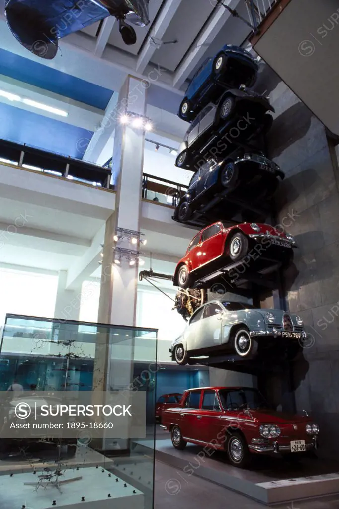 Post-WWII cars, Science Museum, London, June 2000.Display in the ´Making the Modern World´ gallery, Science Museum, showing, from the top: Fiat 600, m...
