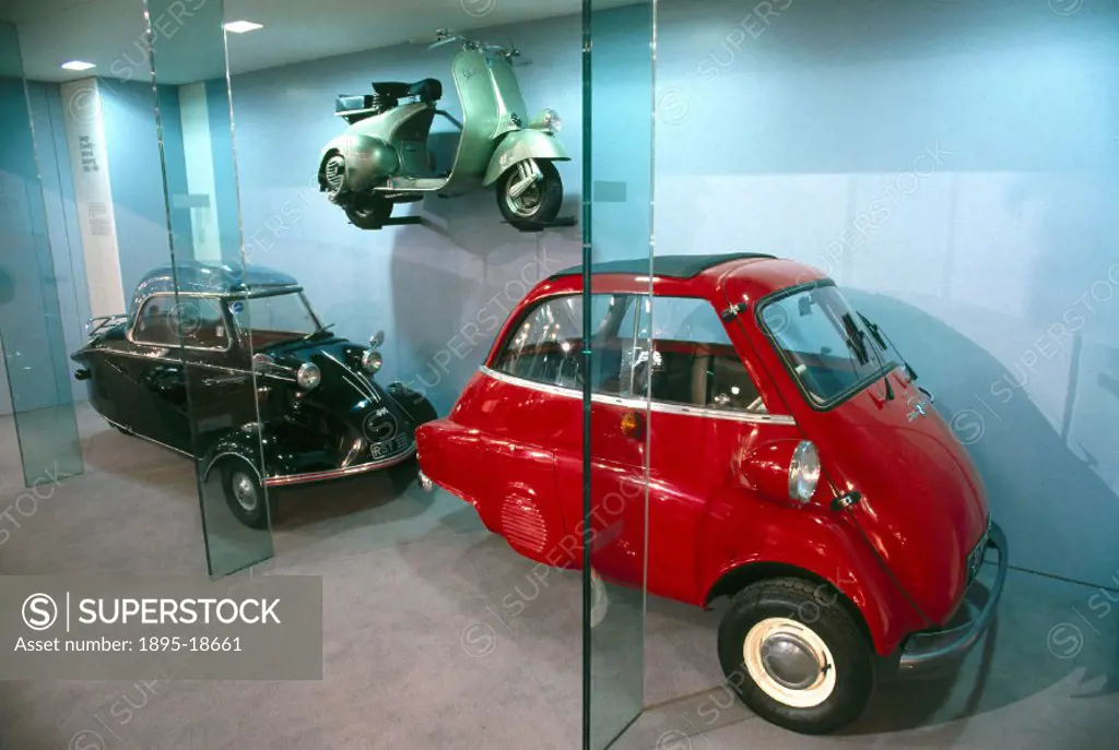 Bubble cars and Vespa scooter, Science Museum, June 2000.Display case in the ´Making the Modern World´ gallery, containing post-WWII motor transport. ...