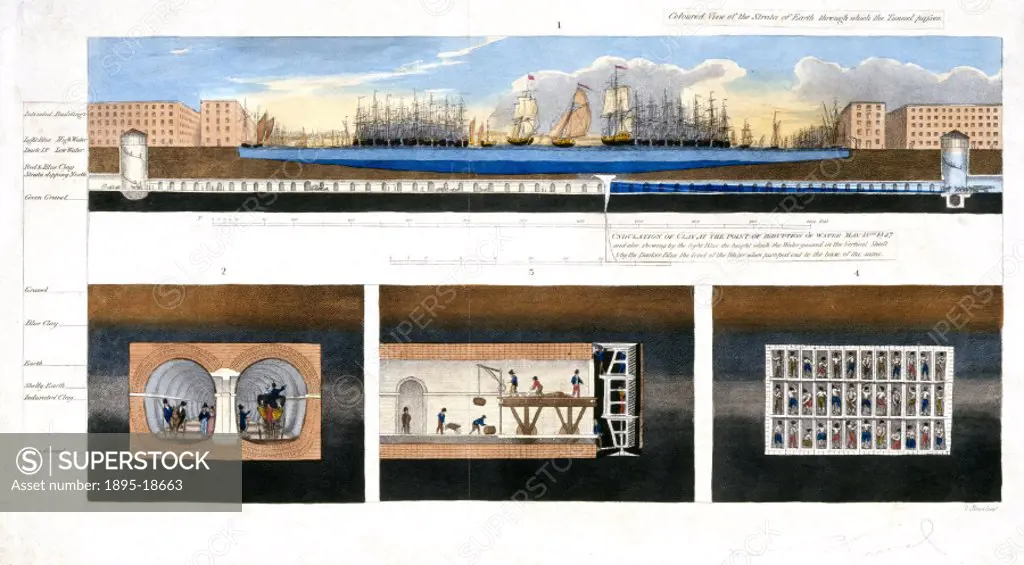 Engraving by T Blood. Sir Marc Isambard Brunel was at the forefront of civil engineering and his most remarkable undertaking was the Thames Tunnel fro...