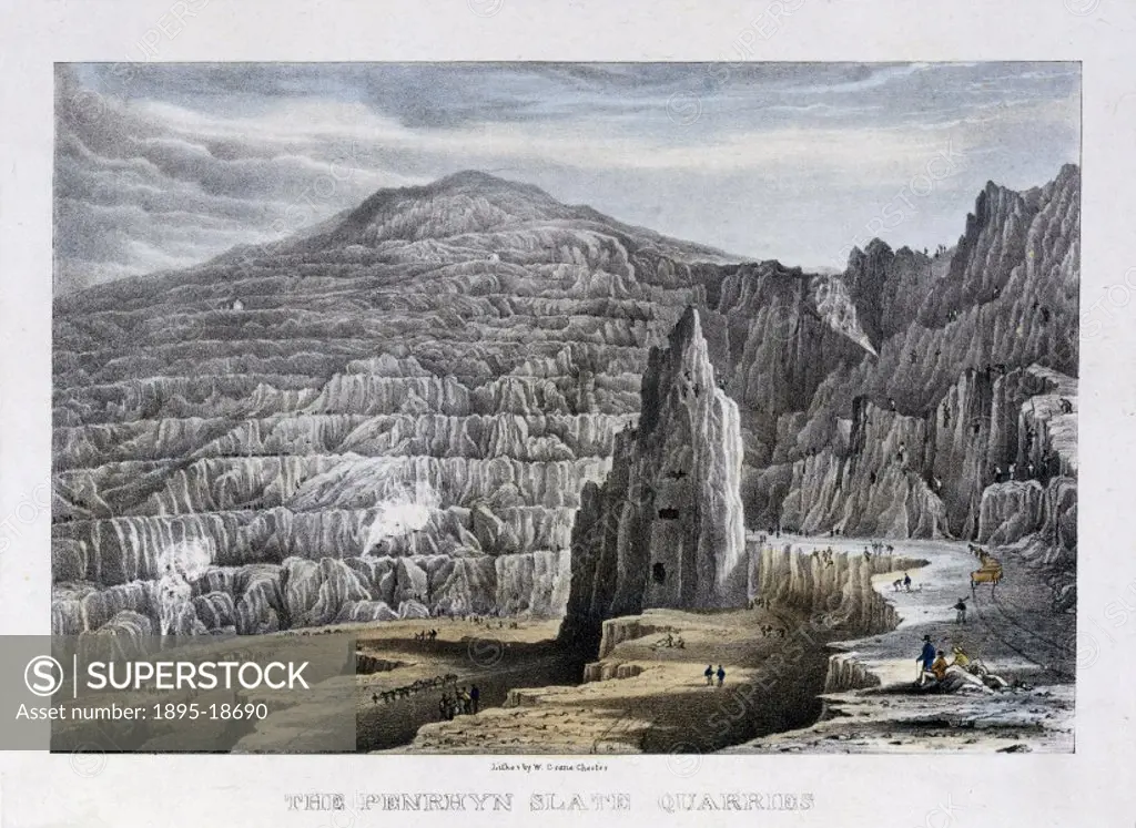 Hand-coloured lithograph by W Crane of Chester showing of a monumental open cast mining landscape. Slate has been mined here since the 16th century an...