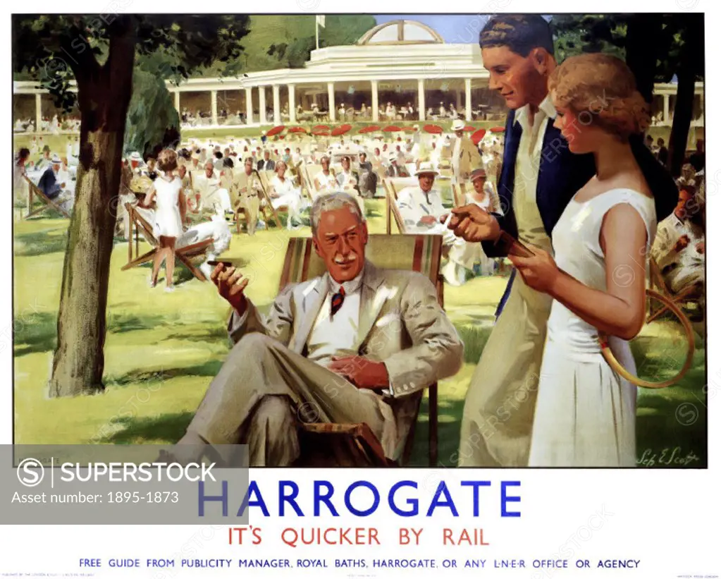 Poster produced for London & North Eastern Railway to promote rail travel to Harrogate, Yorkshire. The poster shows holidaymakers relaxing in deck cha...