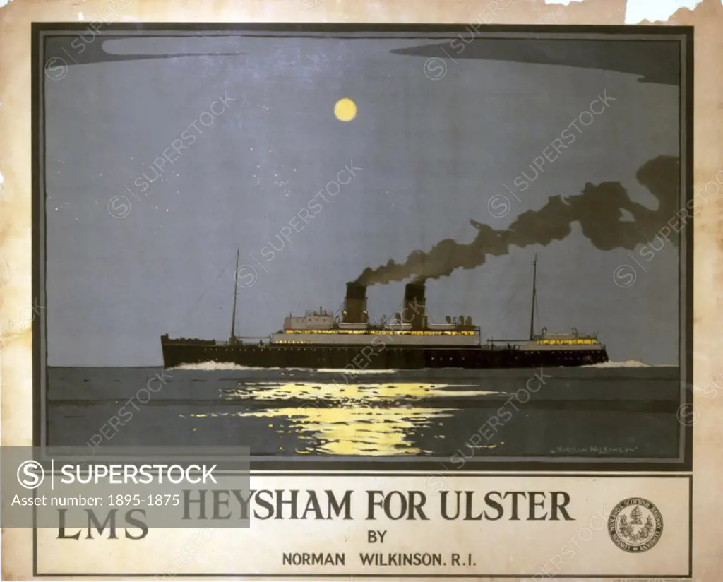 Poster produced by London & North Eastern Railway (LNER) to promote rail and sea services to Ulster via Heysham, with artwork by Kenneth Shoesmith.