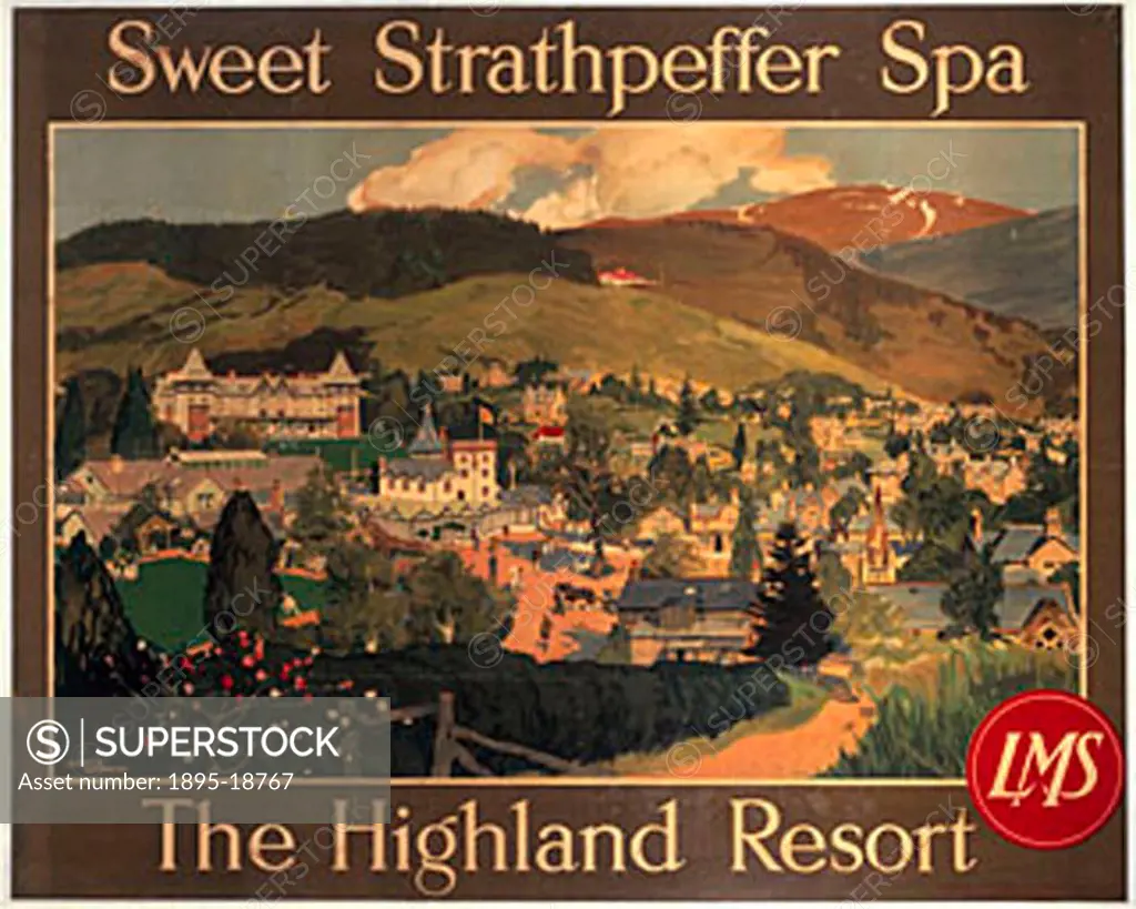 London Midland & Scottish (LMS) poster advertising the Highlands town of Strathpeffer showing the spa and town with the hills in the background. Artwo...