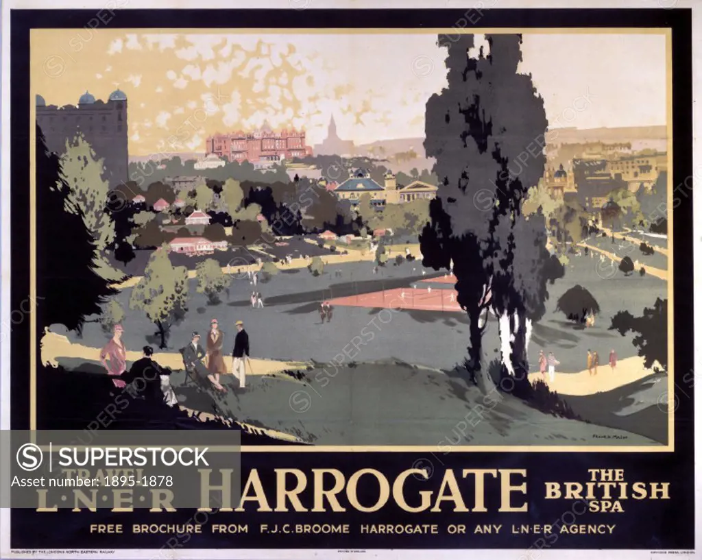Poster produced by London & North Eastern Railway (LNER) to promote train services to Harrogate, Yorkshire.  Artwork by Frank Mason (1876-1965), who w...