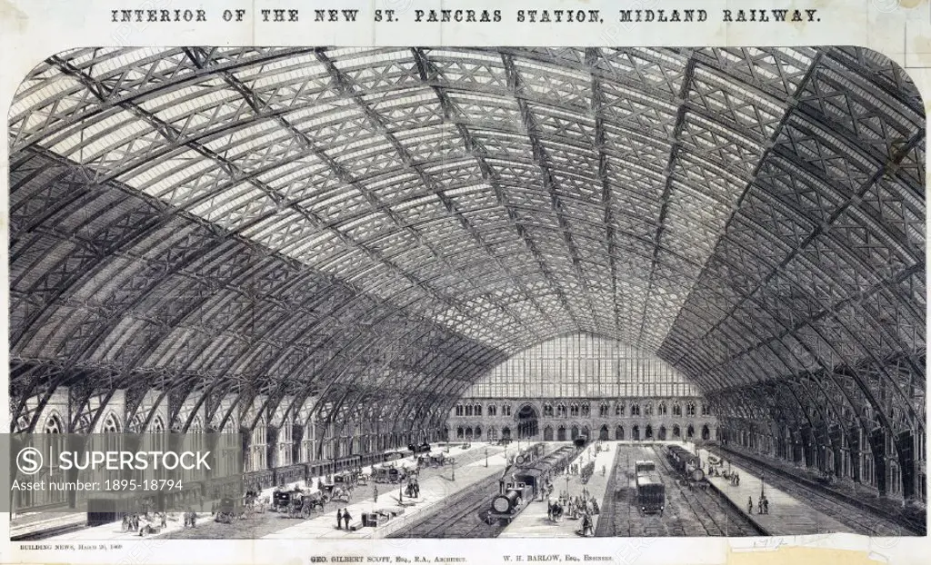 Engraved plate by Rimbault from ´Building News´. St Pancras station was designed by George Gilbert Scott (1811-1878) for the Midland Railway´s extensi...