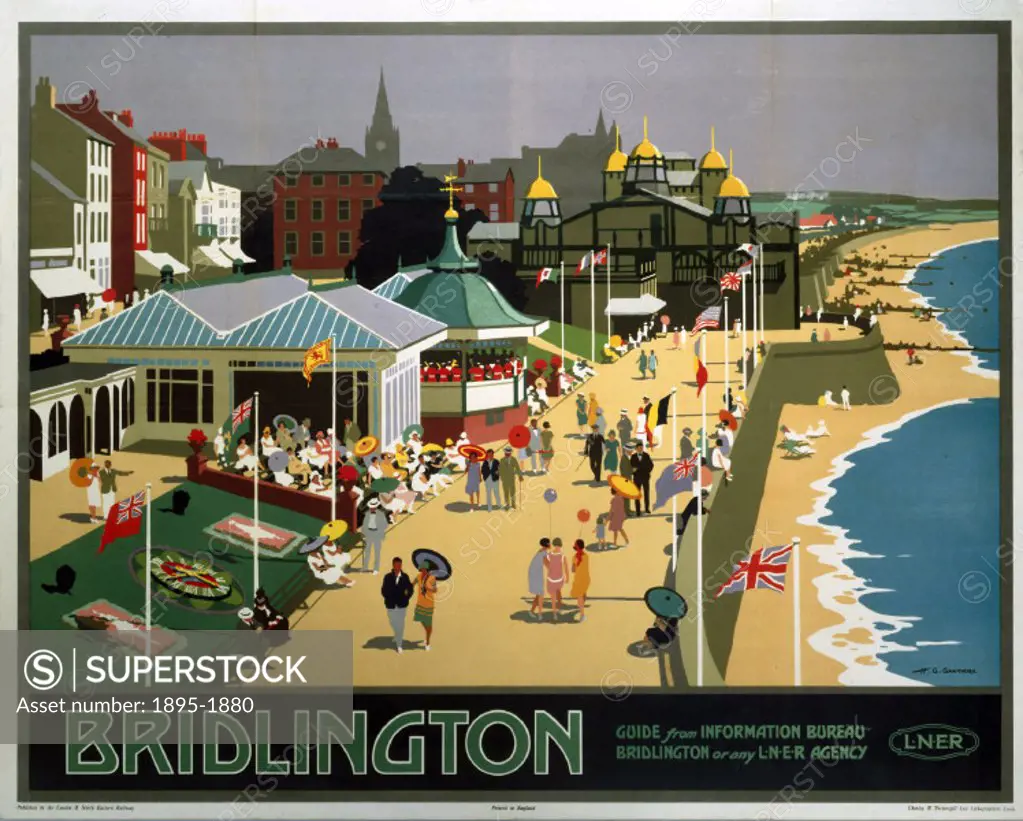 Poster produced by London & North Eastern Railway (LNER) to promote train services to Bridlington, North Yorkshire. Artwork by Henry George Gawthorn (...