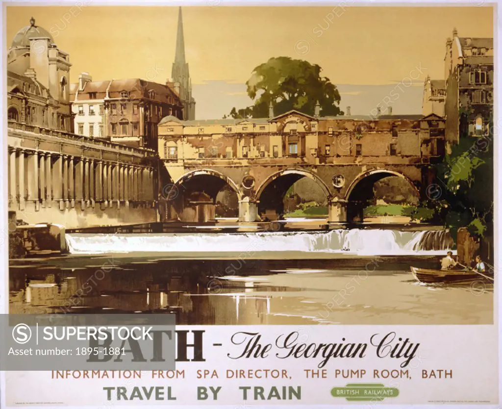 Poster produced by British Railways (BR) to promote rail travel to Bath, North East Somerset. The poster shows a view of the Pump Room, part of the ba...