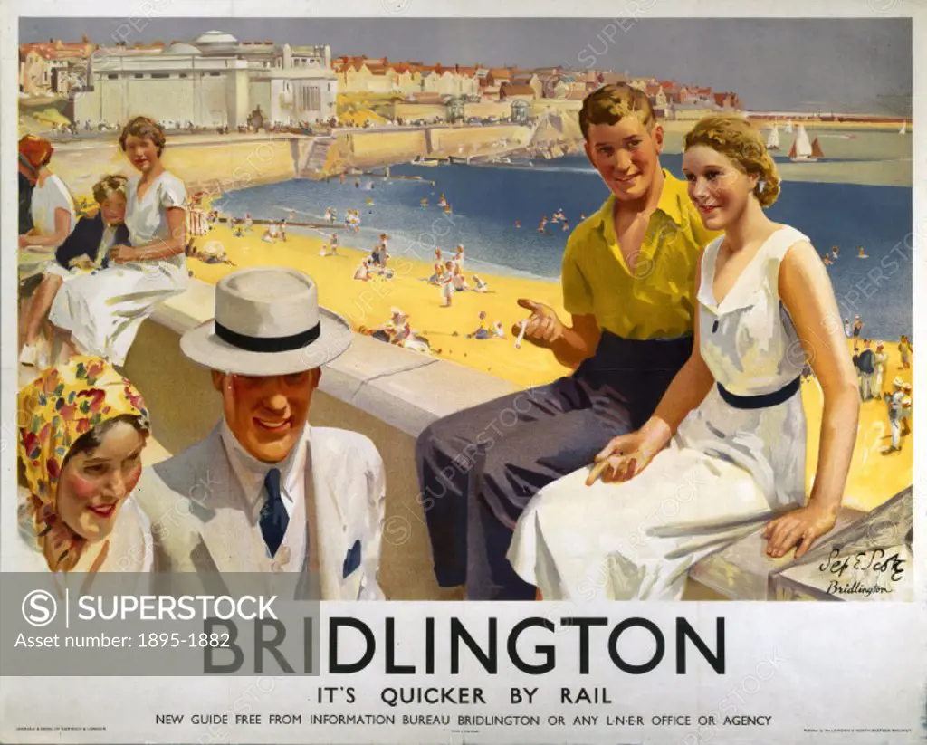 Poster produced by London & North Eastern Railway (LNER) to promote train services to Bridlington in North Yorkshire. Artwork by Septimus E Scott, who...