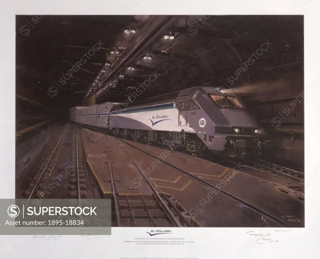 Le Shuttle in Euro tunnel´, 1994. The Eurotunnel commemorative limited edition print. Print shows a locomotive in the tunnel with two mice in the fore...