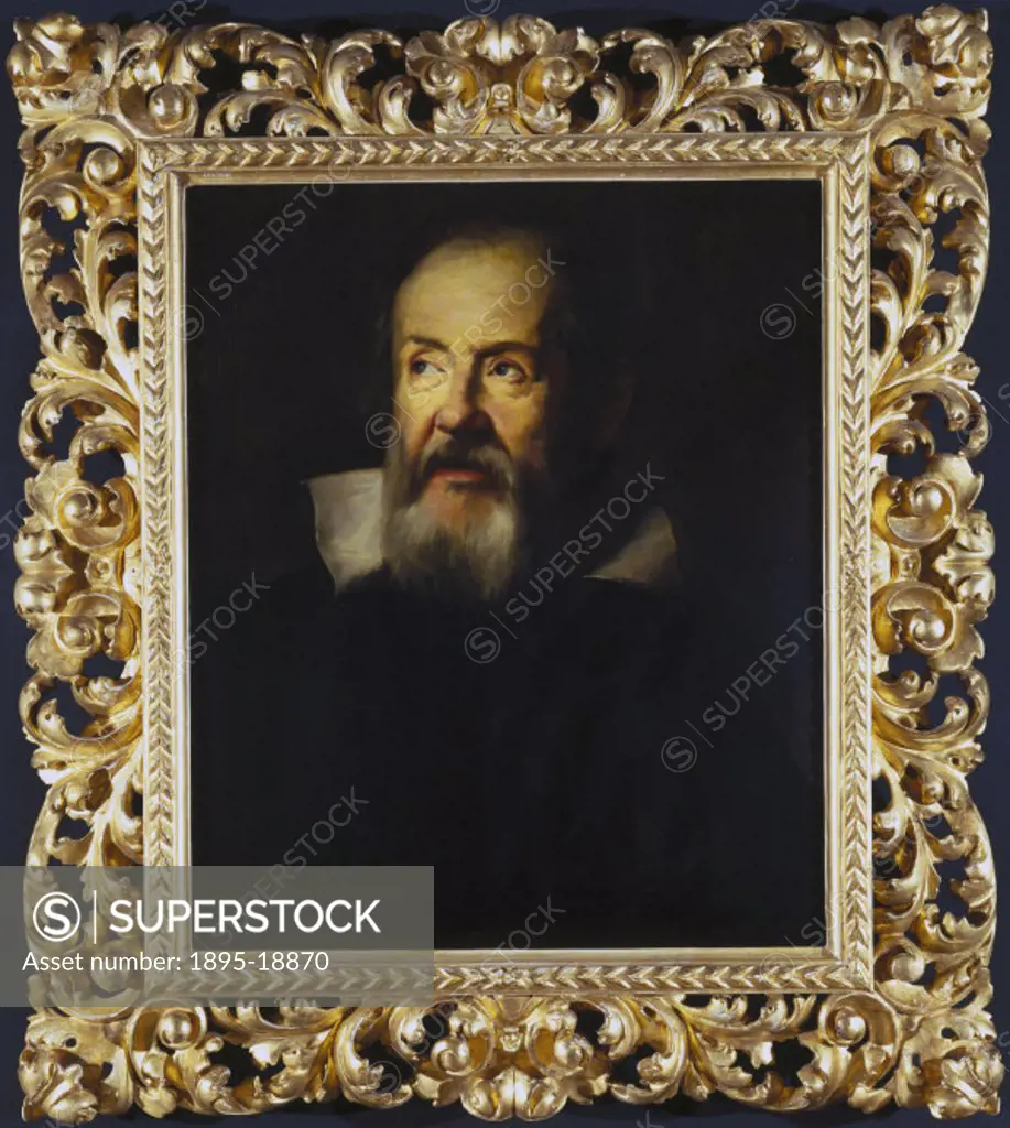 Portrait in oils by A S Zileri,1884, after an original by Sustermans of 1635, in the Uffizi Gallery, Florence. Italian astronomer and physicist Galile...