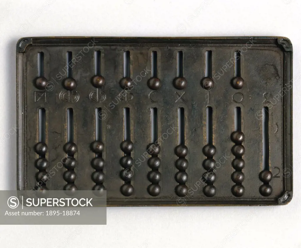 Replica, made in 1974, of a Roman hand abacus. The counters slide in grooves. Like the Japanese abacus the counters above the bar are worth five and t...