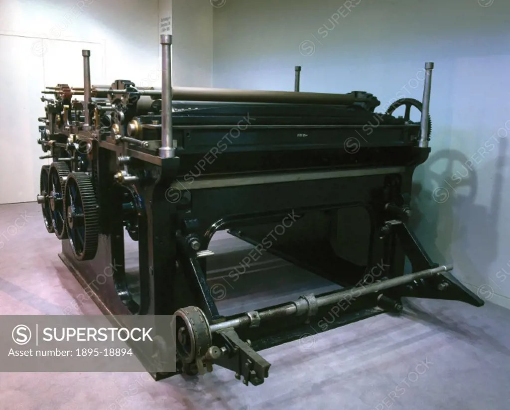 Victory-Kidder rotary printing press, 1870.The development from the late 1860s of rotary printing machines with integral folding machines enabled news...