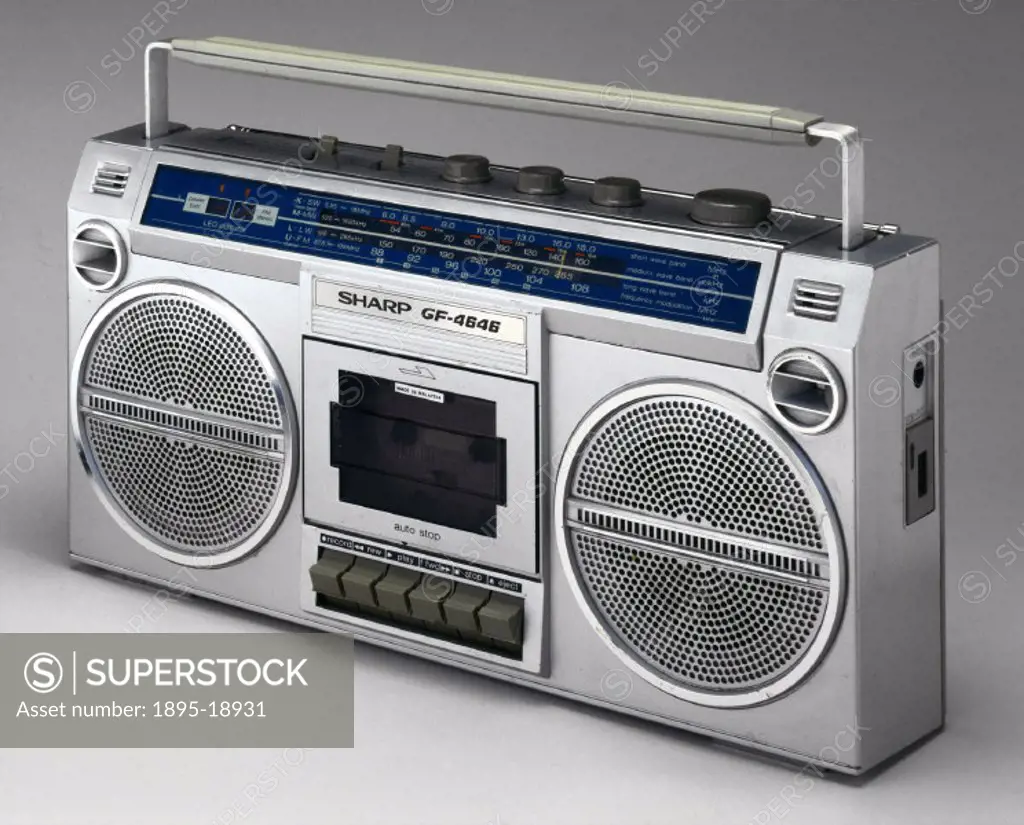 Sharp stereo radio and tape player, 1983.Sharp GF-4646 radio and cassette tape player. Known as ´Ghetto Blasters´, sheer size and volume counted for e...