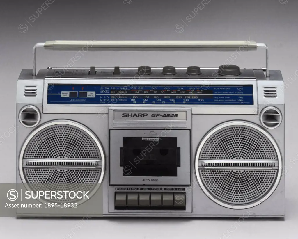 Sharp stereo radio and tape player, 1983.Sharp GF-4646 radio and cassette tape player. Known as ´Ghetto Blasters´, sheer size and volume counted for e...