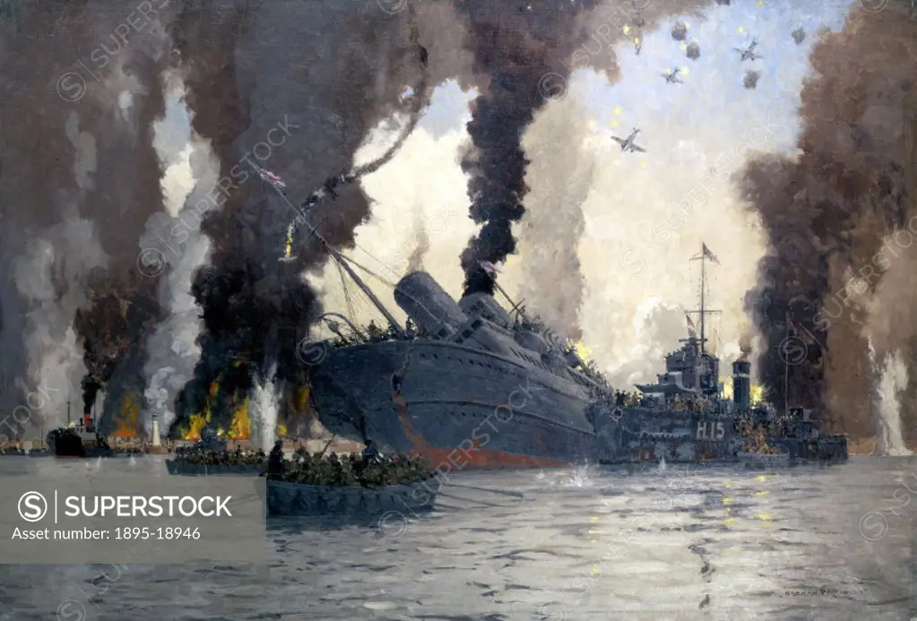 Oil painting by Norman Wilkinson, showing survivors leaving the sinking London, Midland & Scottish (LMS) railway steam ship Scotia. The Scotia was sun...