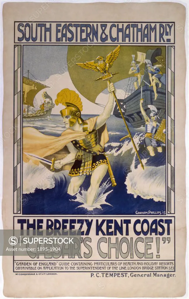 Poster produced for South Eastern & Chatham Railway (SECR) promoting rail services to the breezy Kent coast’. The poster shows the arrival of Julius ...