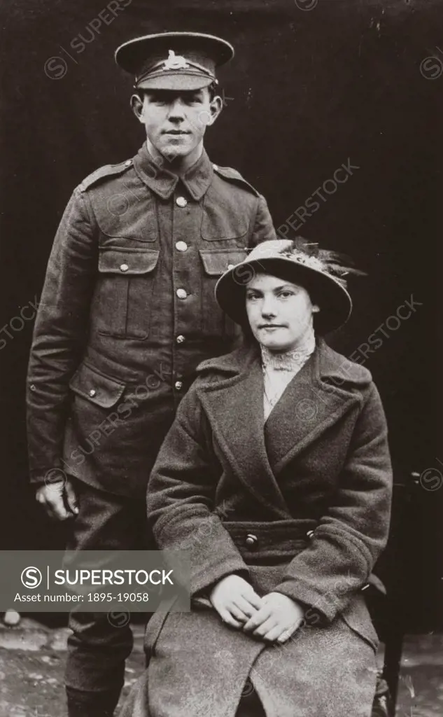 Postcard of a soldier of the Essex Regiment together with his wife. At the outset of the First World War the British Army was an entirely professional...