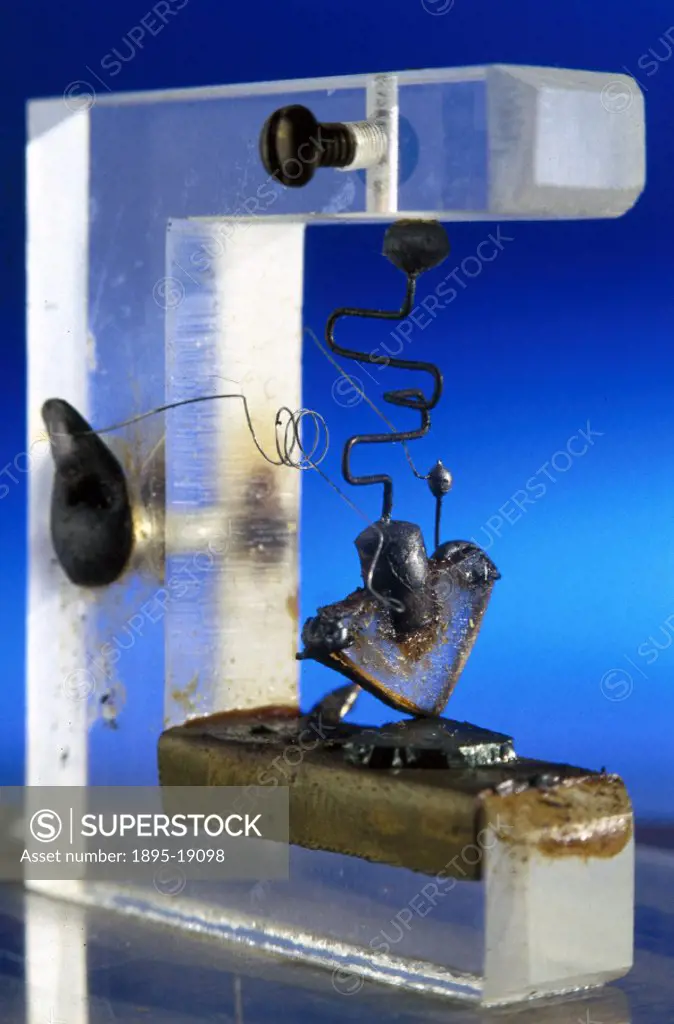 Replica of the first working transistor invented in 1947 by John Bardeen, Walter Brattain and William Shockley at Bell Laboratories in the United Stat...